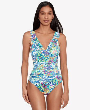 Lauren Ralph Lauren Printed Ruffle Surplice  One-Piece, Watercolor Paisley, 14