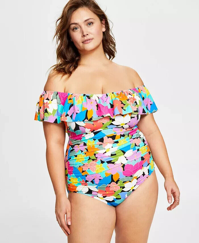 Swim Solutions Plus Size Off-The-Shoulder Ruffled Swimsuit, Floral Frenzy, 22W