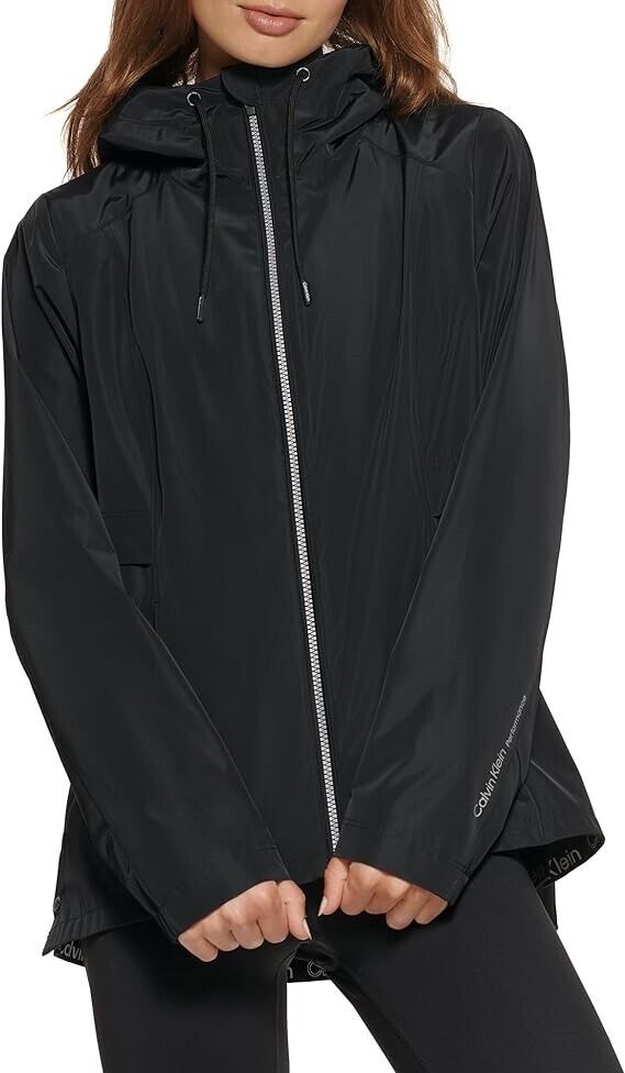 Calvin Klein Women's Hooded Performance Side-Snap Rain Jacket, Black, XL