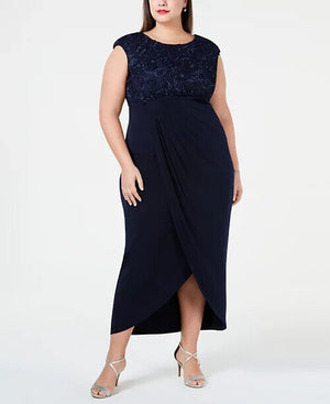 Connected Plus Size Soutache Faux-Wrap Dress, Navy, Size 14W