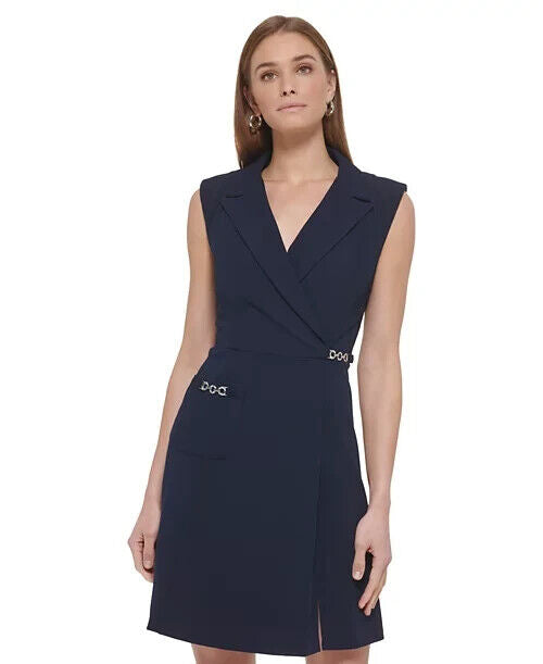 DKNY Womens Notched Collar Hardware Trim Spring Sheath Dress, Navy, Size 4