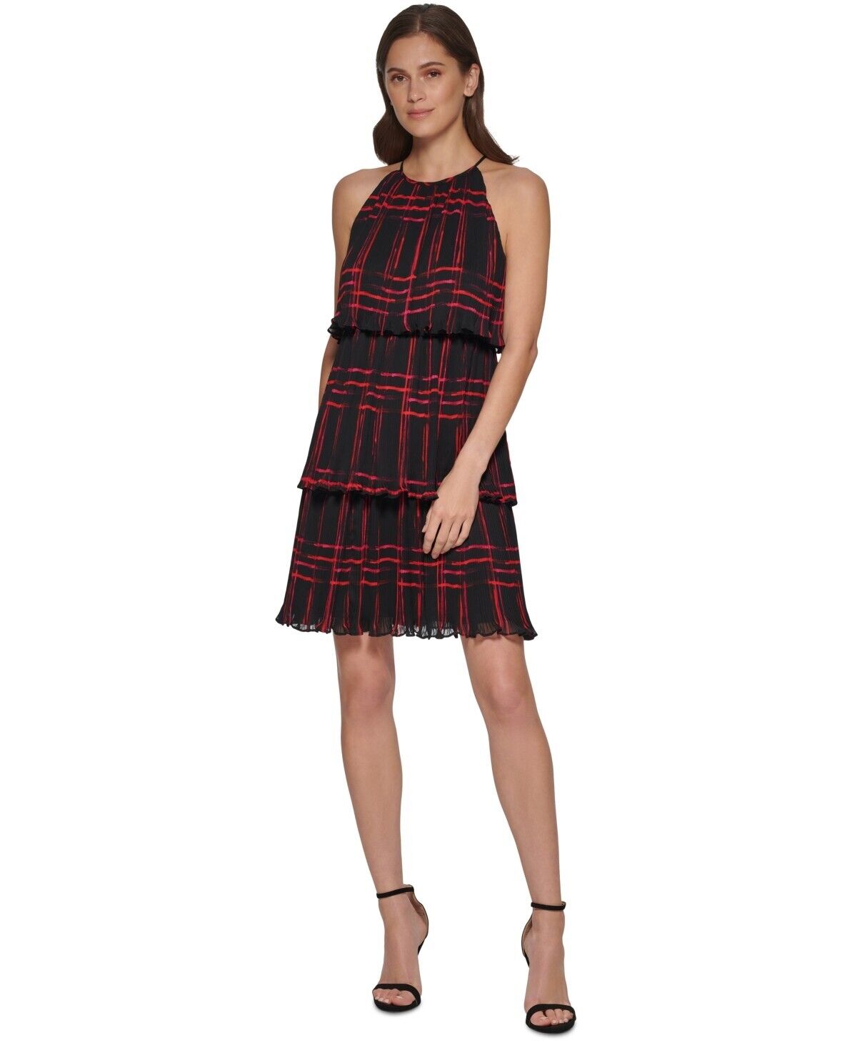 DKNY Womens Printed Pleated Tiered-Ruffle Sleeveless Swing Dress, Red , Size 4