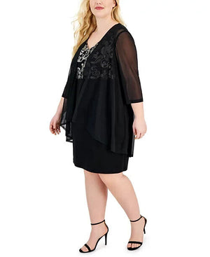 Connected Plus Size Metallic Sheer Cocktail Dress, Embroidered, BlackGold, 20W