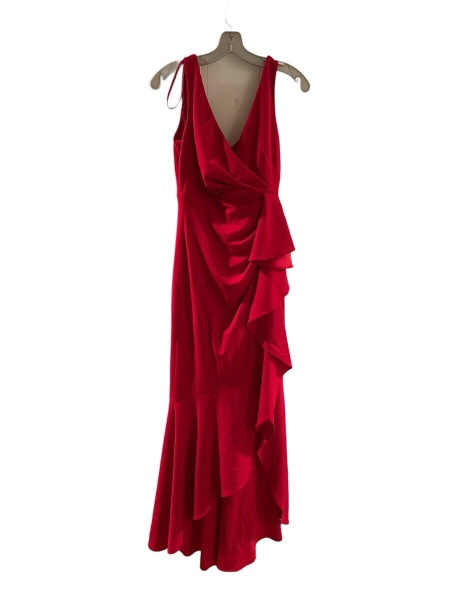 Betsy Adam Ruffled High-Low Gown, Red, Size 4