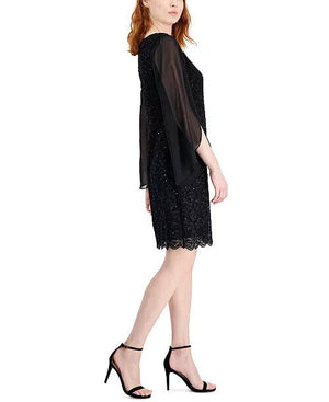 Connected Flutter-Sleeve Sequined Lace Dress, Black, Size 12