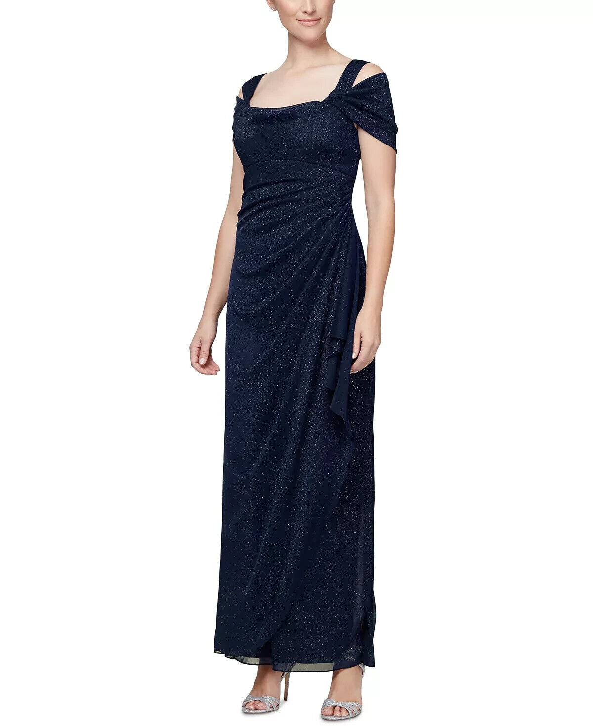 Alex Evenings Cold-Shoulder Draped Metallic Petite Gown, Dark Navy, Size 14P