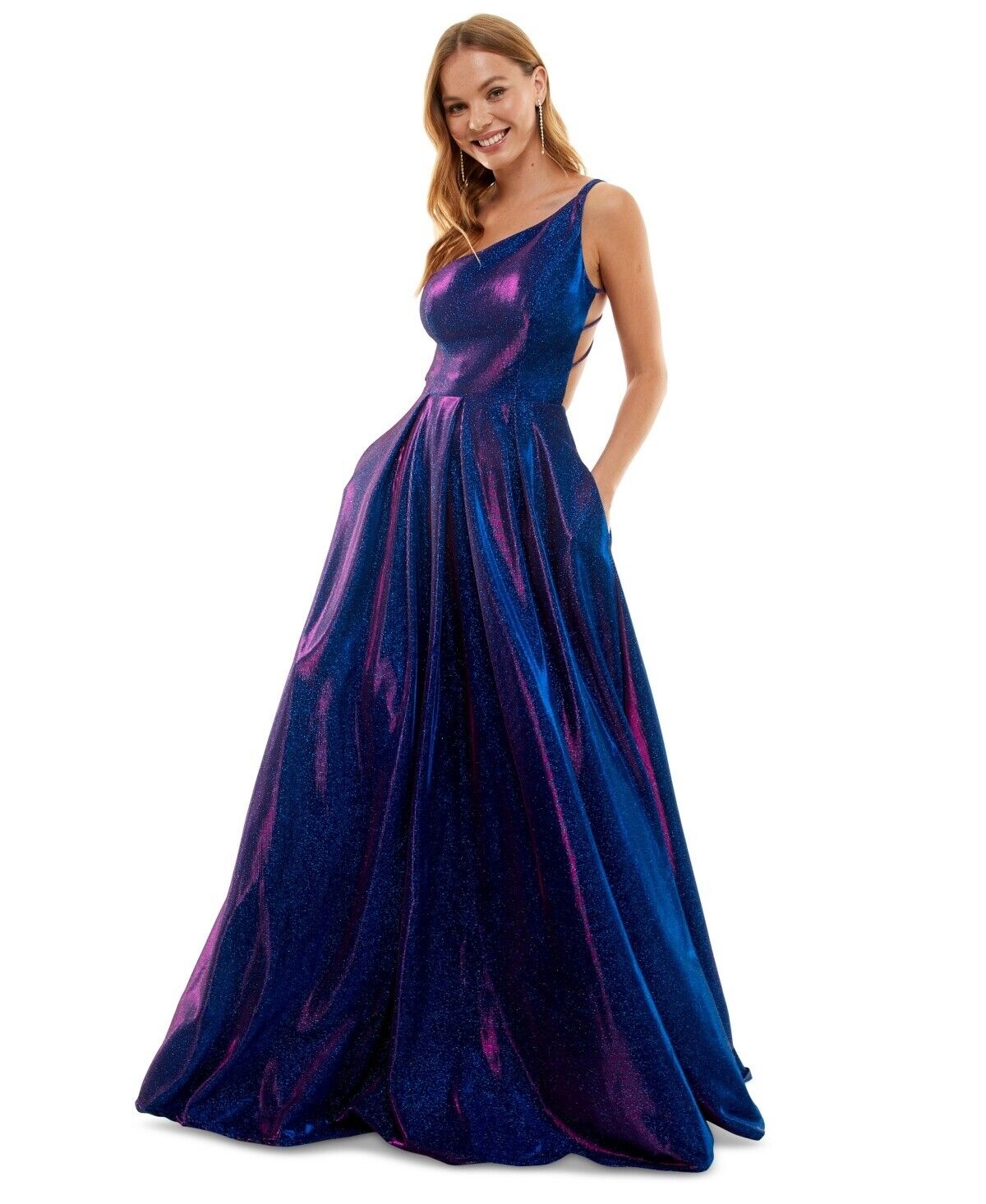 B Darlin Juniors' Strappy-Back Glitter-Finish Gown, Sapphire/Fuschia, Size 13/14