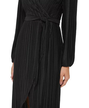 GUESS Women's Pleated Woven Faux-Wrap V-Neck Maxi Dress, Black, Sizes 6