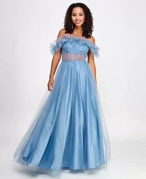 BCX Juniors' Off-The-Shoulder Glitter Tulle Corset Gown, Blue, Size 3