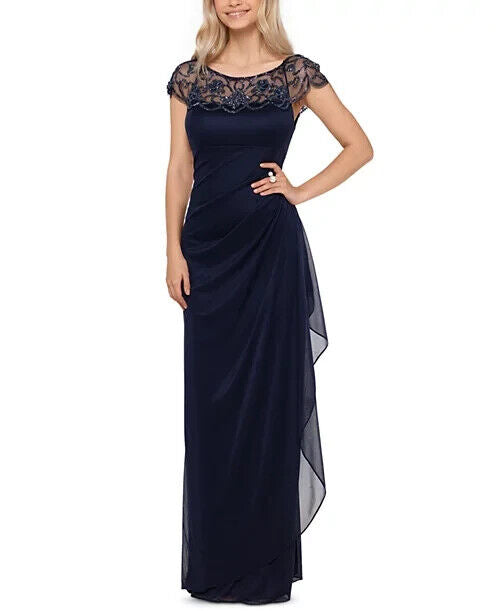 XSCAPE Women's Petites Embellished Long Evening Dress, Navy, Size 12P