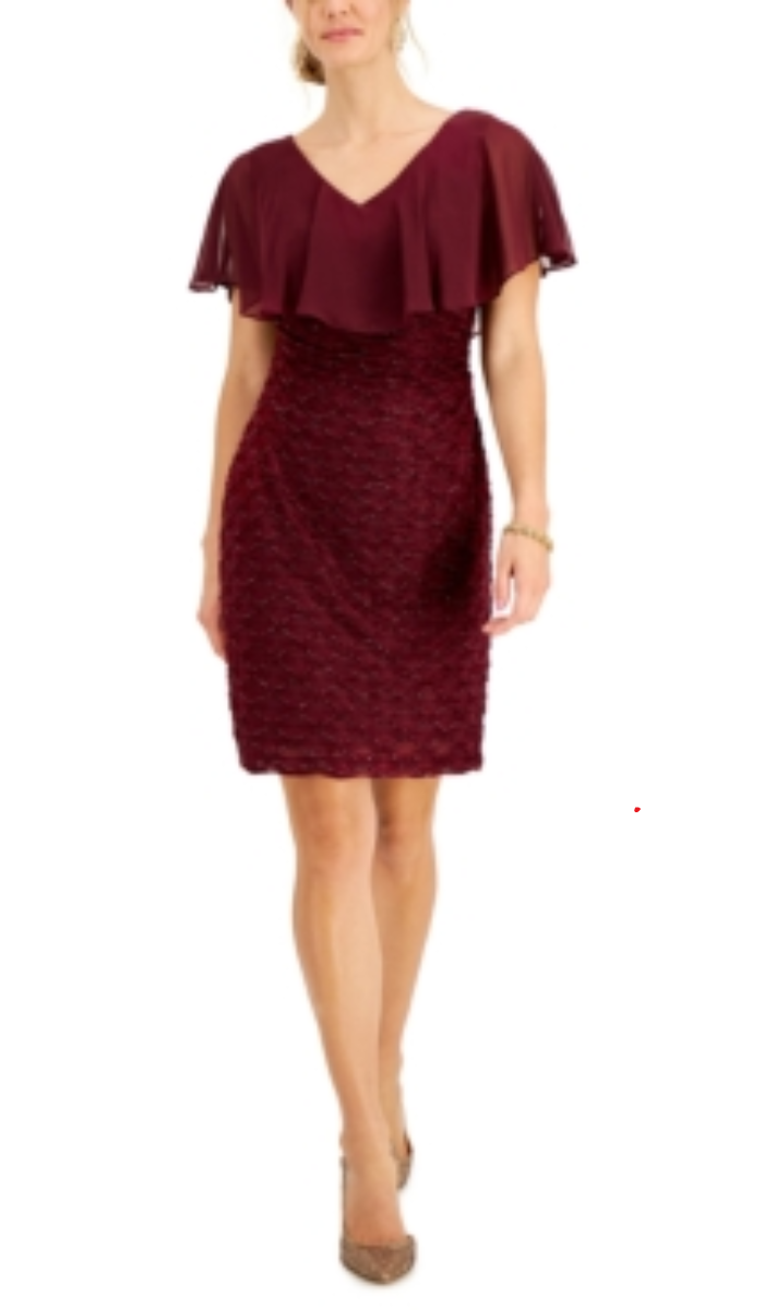 Connected Chiffon-Overlay Eyelash Sheath Dress, Bordeaux, Size 16