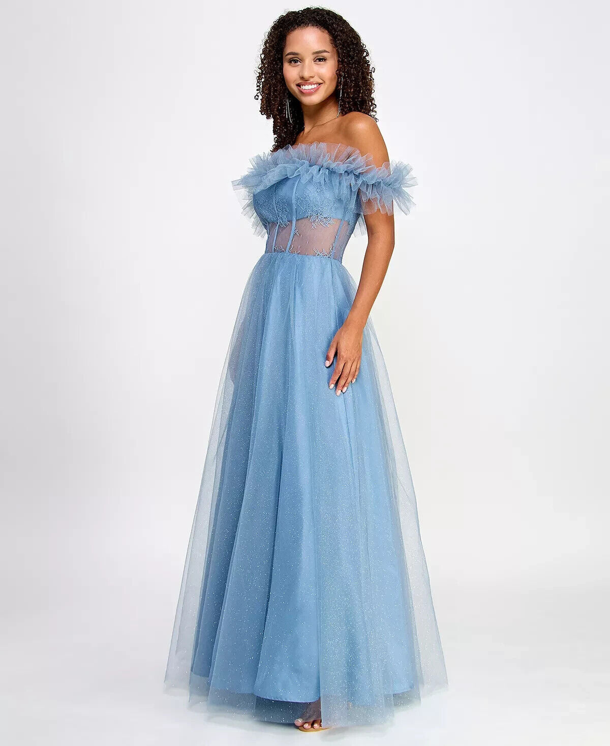 Bcx Juniors' Off-the-Shoulder Glitter Tulle Corset Gown, Light Blue, Size 3