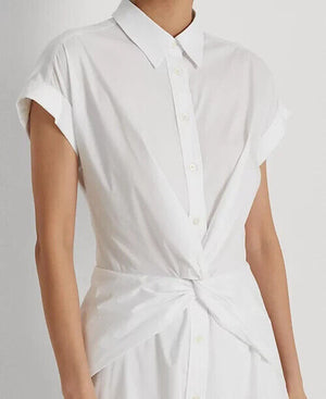 Lauren Ralph Women's Twist-Front Cotton-Blend Shirtdress, White, Size 16