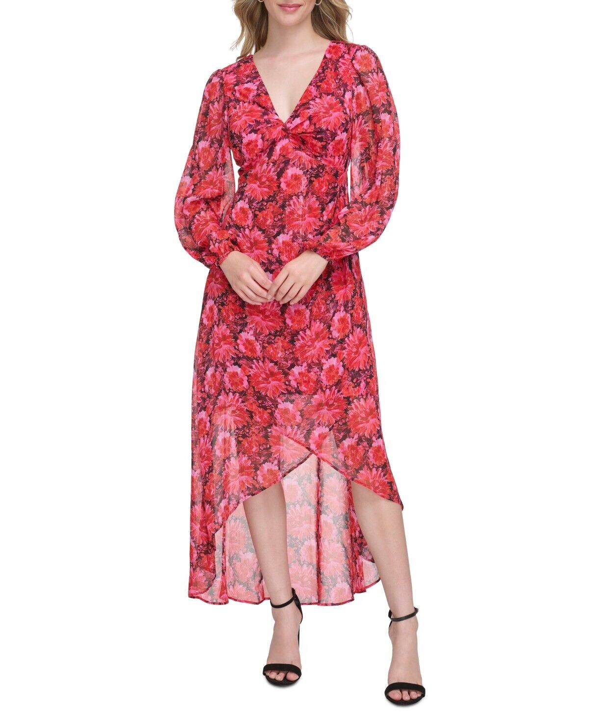 Guess Women's Floral-Print Faux-Wrap Dress Midi Dress, Dark Pink , Size 8