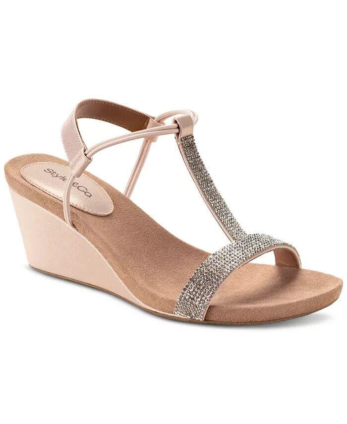 Style & Co Women's Mulan Embellished Wedge Sandals, Blush/Silver, 7.5M