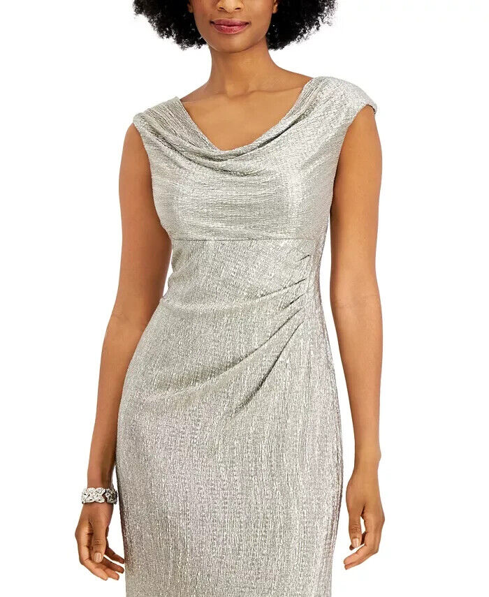 Connected Textured Metallic Gown, Mashroom Gray, Size 8