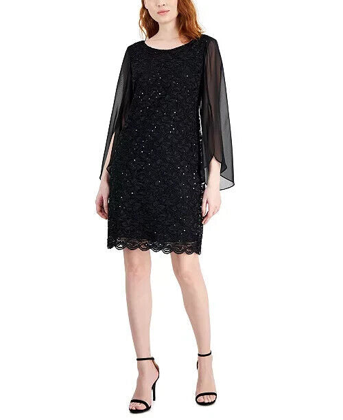 Connected Flutter-Sleeve Sequined Lace Dress, Black, Size 12