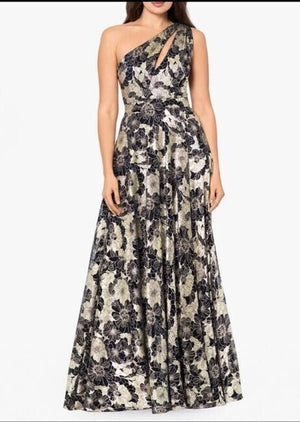 Betsy & Adam Metallic-Floral One-Shoulder Gown, Navy/Gold, Size 6