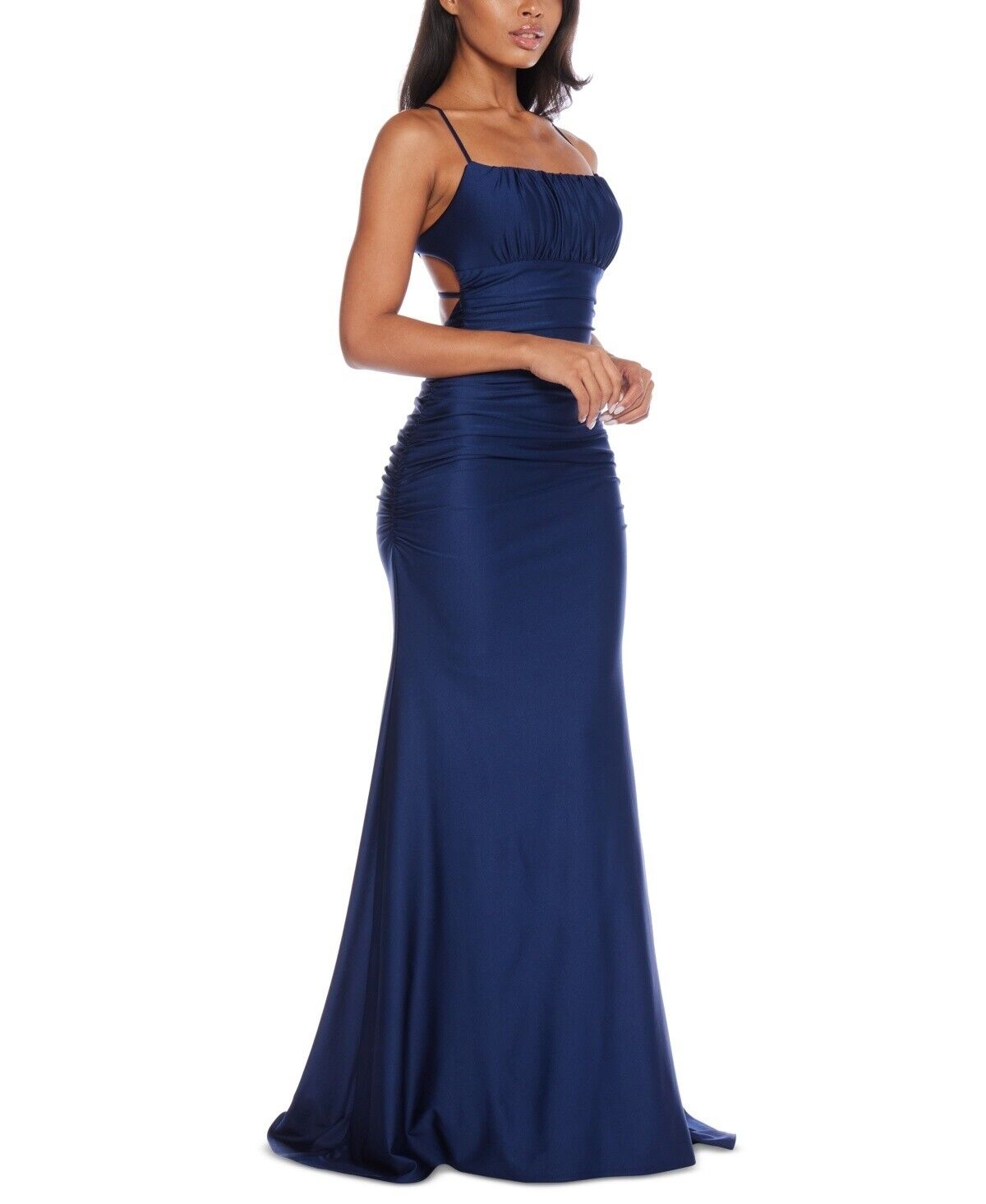 B Darlin Juniors' Square-Neck Ruched Strappy Sleeveless Gown, Navy, Size 11/12