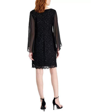 Connected Flutter-Sleeve Sequined Lace Dress, Black, Size 12