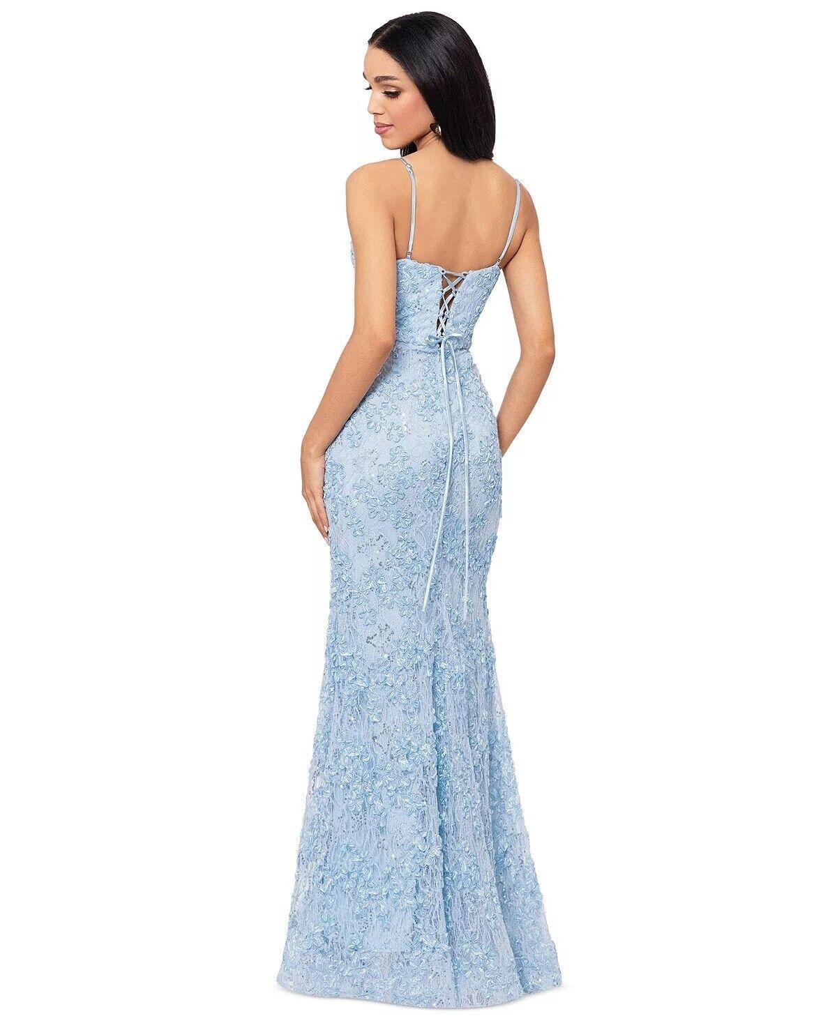 Xscape Women's Straight-Neck Sleeveless Lace Gown, Blue, Size 2