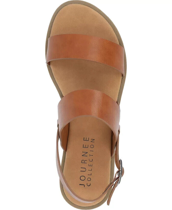 Journee Collection Women's Lavine Double Strap Flat Sandals, Tan, 5.5M