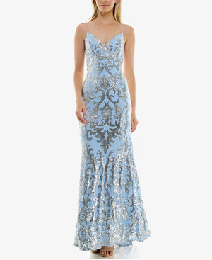 B Darlin Juniors' Strappy-Back Patterned Sequin Gown, Light Blue/Silver, Size 11