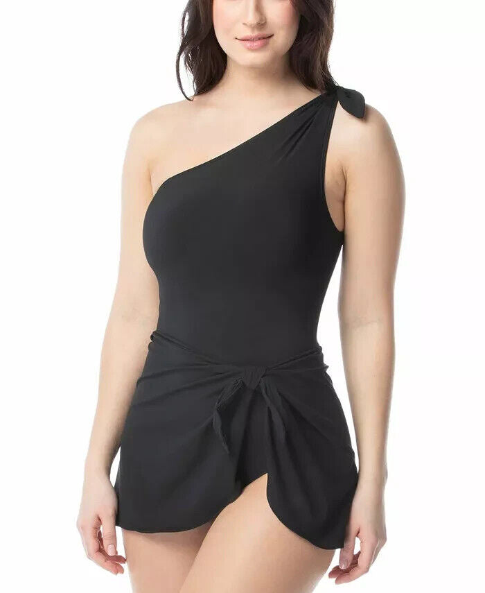 Coco Reef Rosaline One-Shoulder Tummy-Control Sarong Swim Dress, Black, 38C