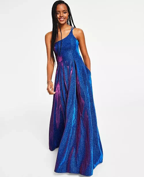 B Darlin Juniors' Strappy-Back Glitter-Finish Gown, Sapphire/Fuschia, Size 13/14