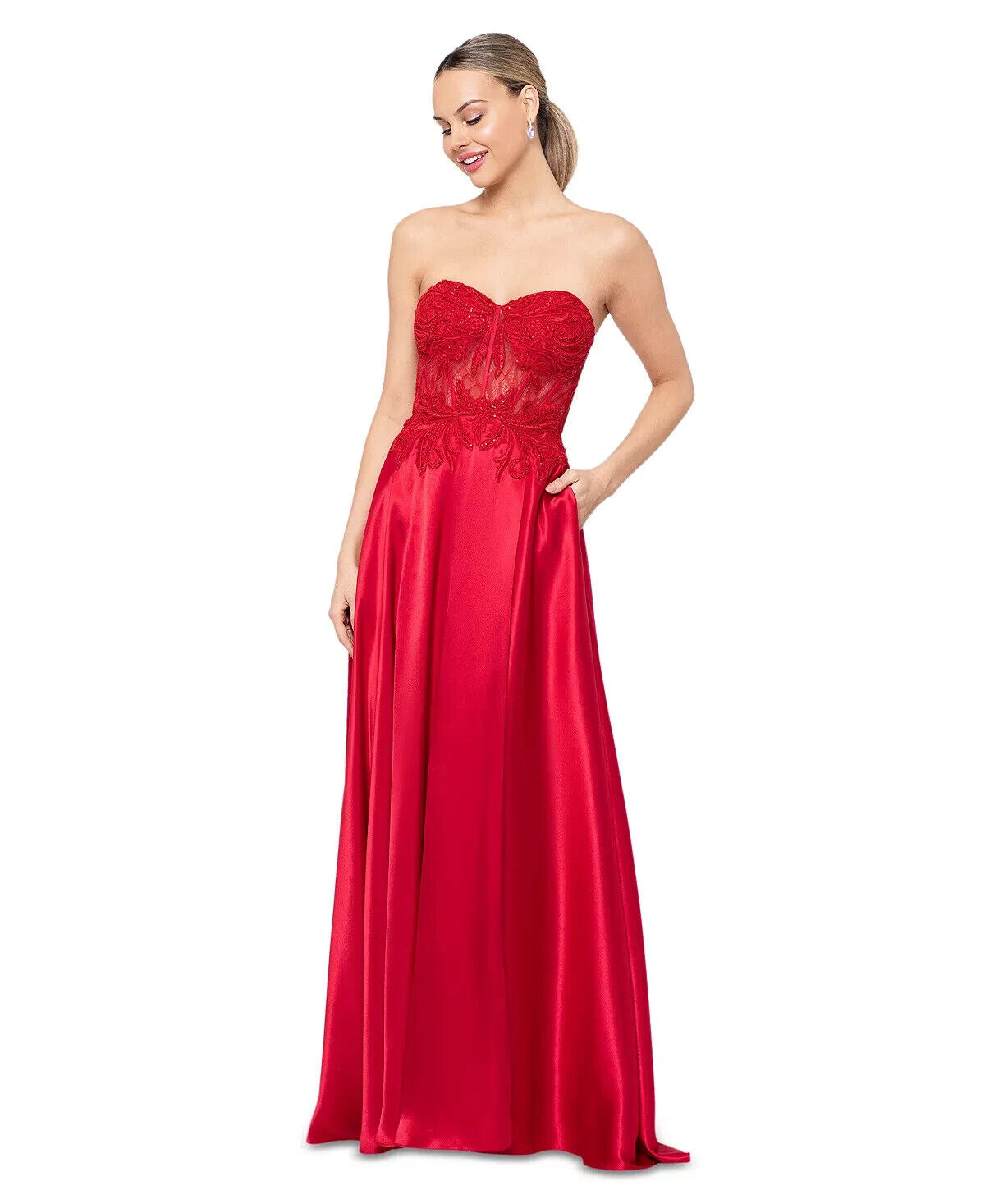 Blondie Nites Juniors' Illusion Applique Charmeuse Gown, Red, Size 3