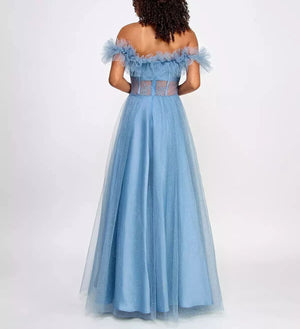 BCX Juniors' Off-The-Shoulder Glitter Tulle Corset Gown, Blue, Size 3