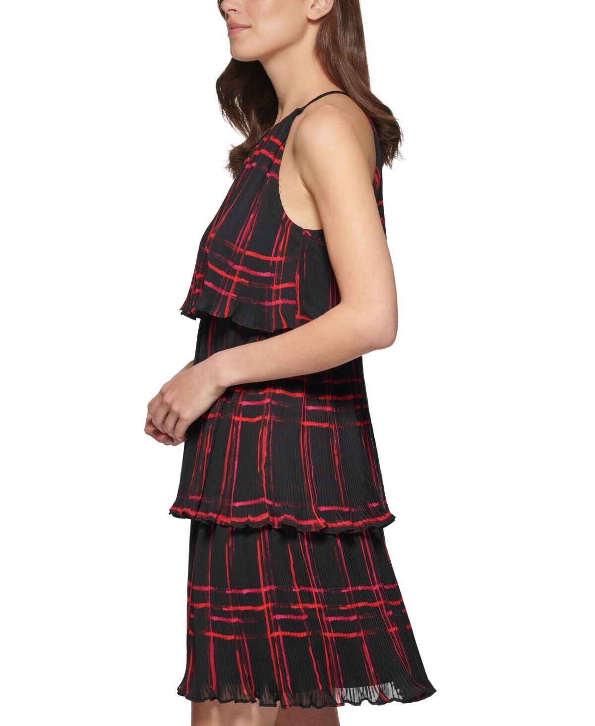 DKNY Womens Printed Pleated Tiered-Ruffle Sleeveless Swing Dress, Red , Size 4