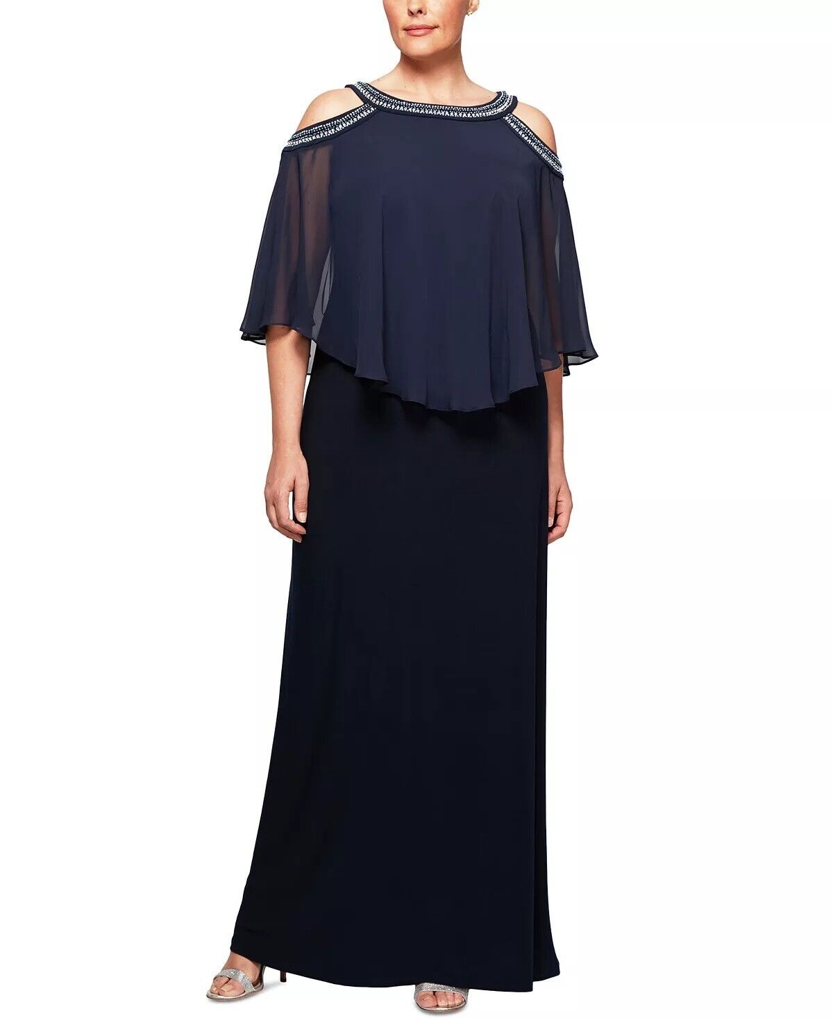 Alex Evenings Embellished Maxi Plus Size Beaded Cold-Shoulder, Navy, Size 16W