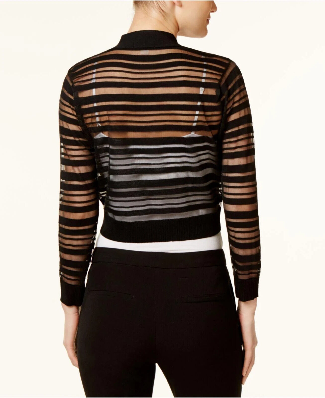 Calvin Klein Sheer-Stripe Cropped Cardigan, Black, Size ZL